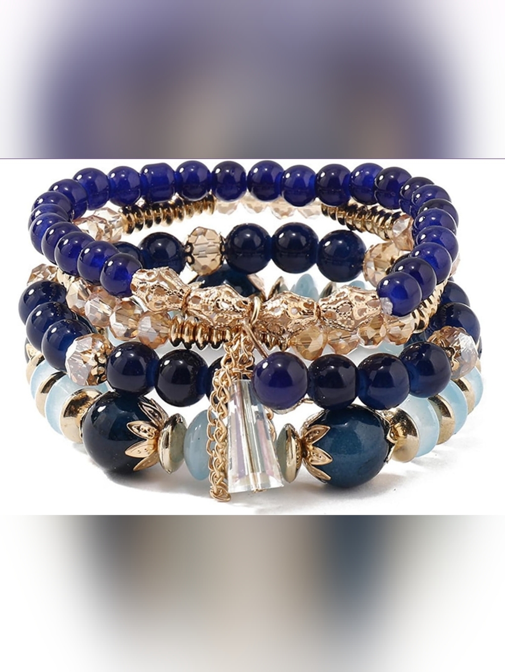 Boho Gold and Navy Beaded Stacking Bracelet Set - Women Handcrafted
